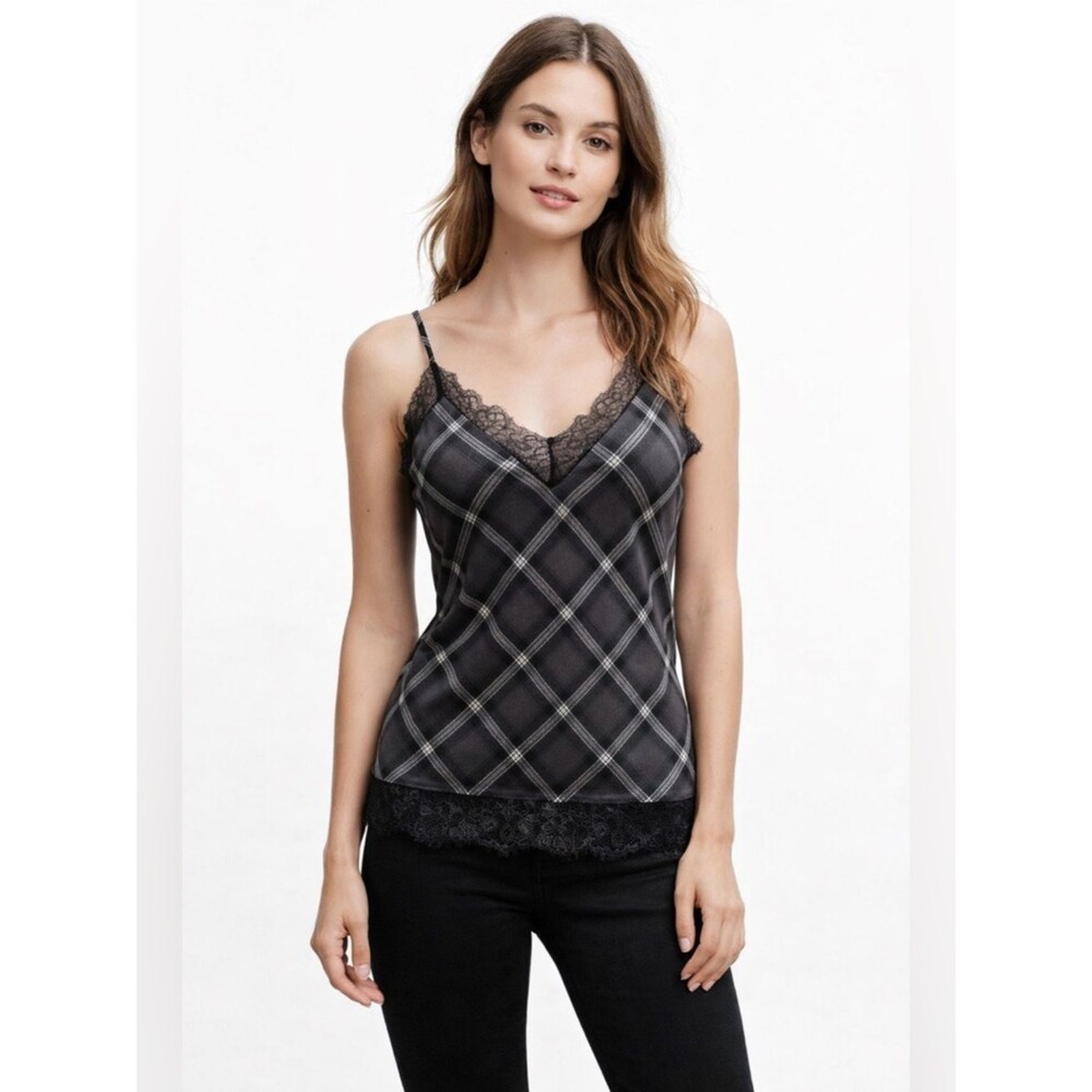Gold Hawk Carrie Racerback Silk Camisole Lace Trim Plaid Black Medium NWT Luxury